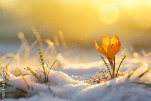 A warm defiance to winter; a lone crocus emerges through snow, its fiery petals catching the last rays of a melting sunset