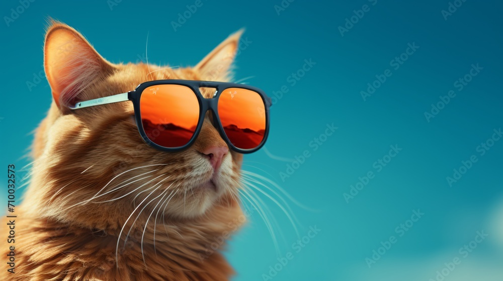 orange cool tabby cat wearing sunglasses looking down on blue background, retro glamor