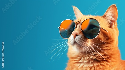 orange cool tabby cat wearing sunglasses looking down on blue background, retro glamor © IgnacioJulian