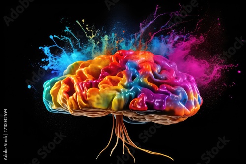 Colorful Brain Axon with Neural pathways shape cognitive abilities in brain anatomy. Brain health relies on neurobiology. Brain disorder and cognitive function in smoke light brain skull illustration. photo