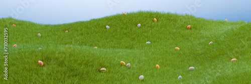 Many Easter colorful eggs on a meadow in the grass. 3D rendering