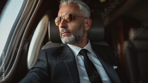male businessman with glasses in a private plane