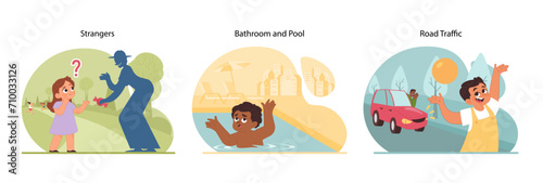 Child risk awareness set. Illustrating children encounters with strangers, water hazards in bathrooms and pools, and road traffic dangers. Preventing injuries and accidents. Flat vector illustration