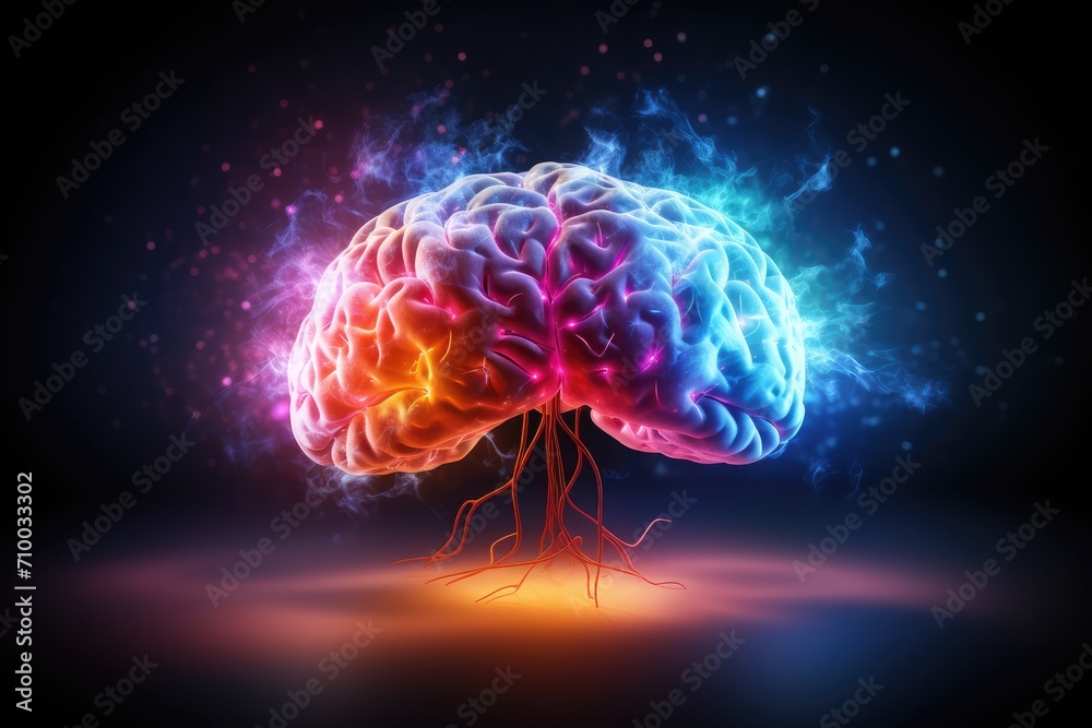 Illustration in neurology studies brain function and cognitive abilities. Colorful cognitive neuroscience neural pathways. Vivid Motley Colored brain human mind anatomy enhances cognition research. Illustration in neurology studies brain function and cognitive abilities. Colorful cognitive neuroscience neural pathways. Vivid Motley Colored brain human mind anatomy enhances cognition research.