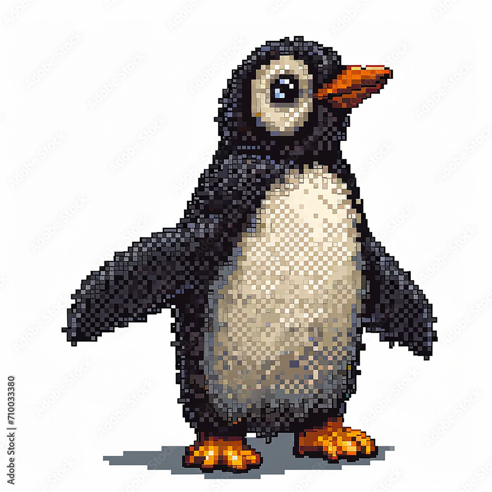 Pixelated game art illustration of a black and white penguin against a white background Pixelated game art illustration of a black and white penguin against a white background