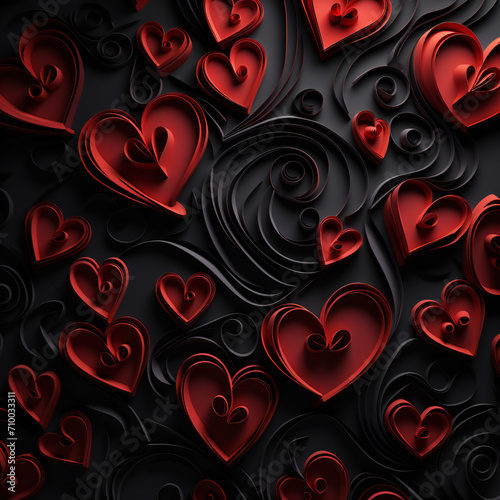 Beautiful valentines day background with red hearts on black background Generative AI