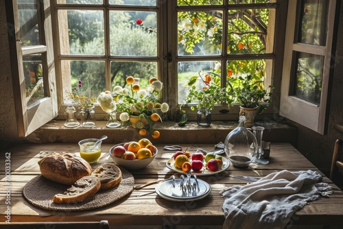 Craft an aesthetic breakfast warm neutrals images of rustic wooden tables and soft, light, windows. Emphasize, woven placemats and linen napkins, tactile, ambiance, vibrant fruits,