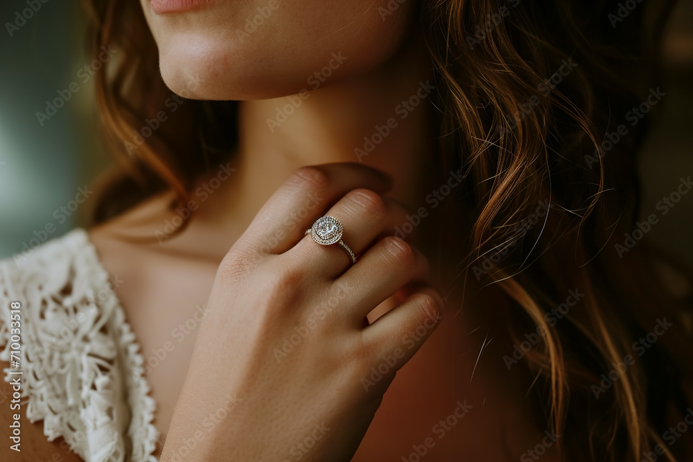 close-up of a woman hand with a ring - obrazy, fototapety, plakaty 