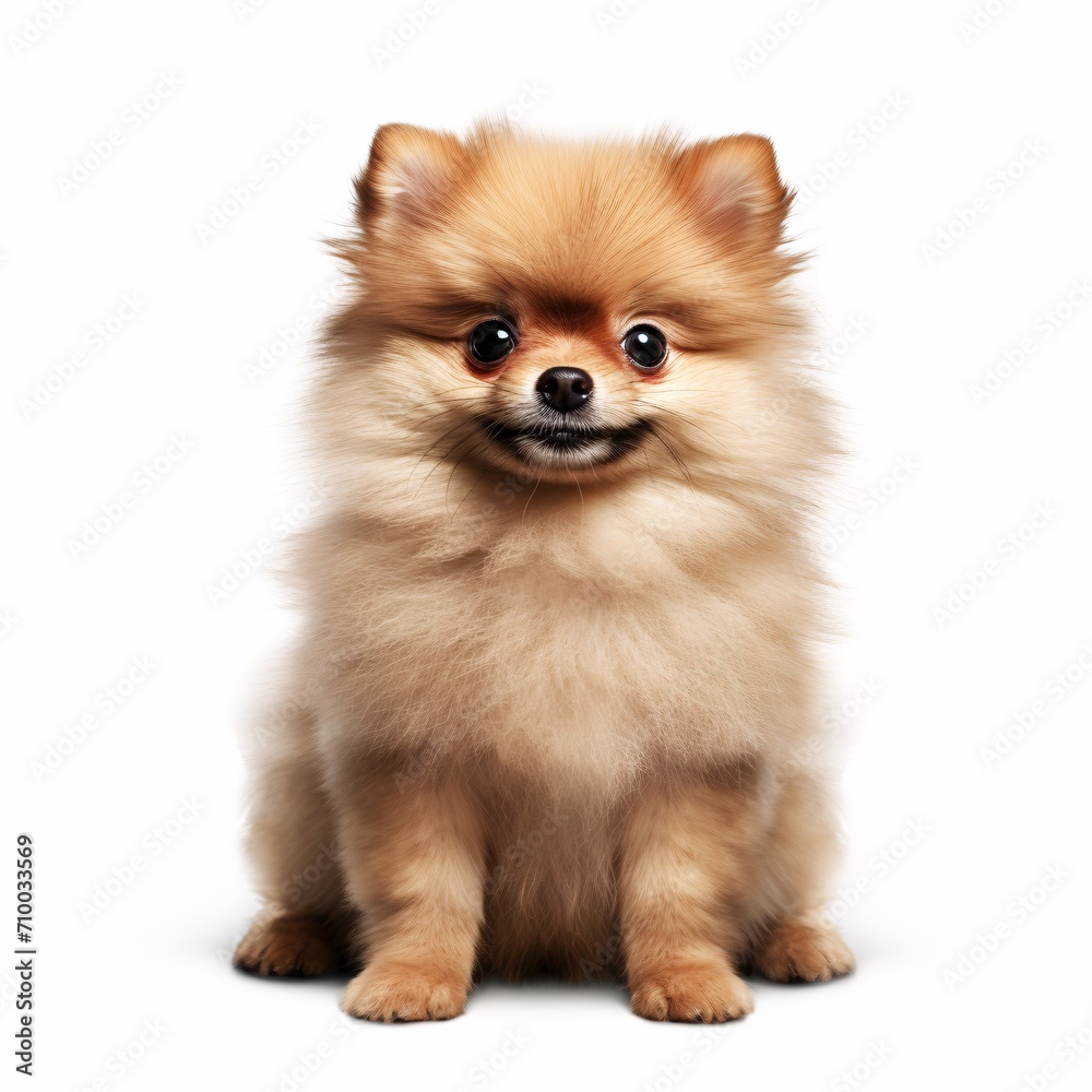 pomeranian puppy sitting on white background, light red and light brown pomeranian puppy sitting on white background, light red and light brown