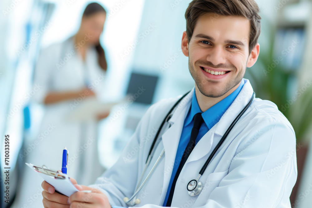 Portrait of a smiling young male doctor taking important notes of a patient's treatment Portrait of a smiling young male doctor taking important notes of a patient's treatment