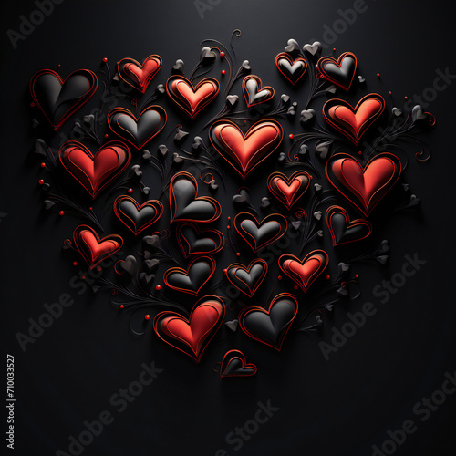 Beautiful valentines day background with red hearts on black background Generative AI