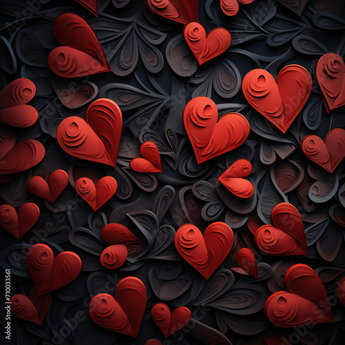 Beautiful valentines day background with red hearts on black background Generative AI