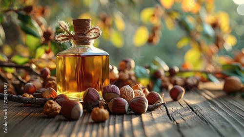 Glass bottle with hazelnut oil, Hazelnuts on branches on a wooden table on a natural background of a hazelnut garden, Healthy natural foods, Cooking oil. Generative AI. photo