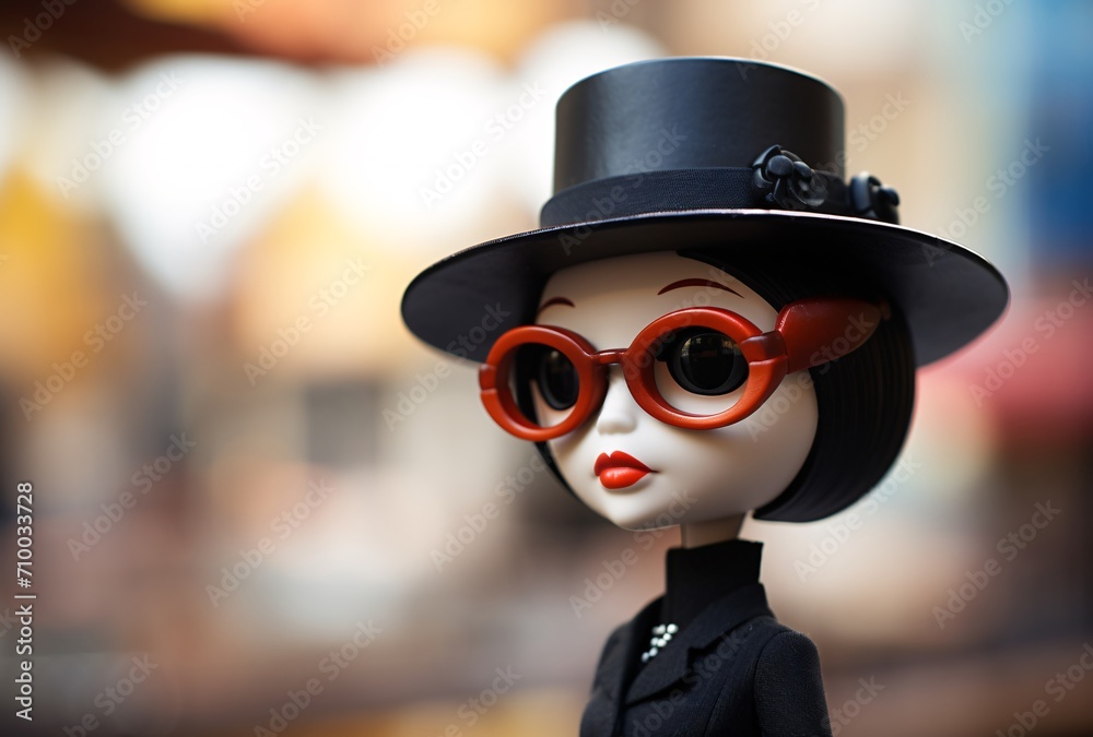 a portrait of a cartoon woman with some kind of hat and a pair of tilt-shift lenses
