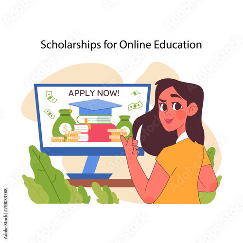 Scholarships for online education concept. Female learner applies for digital learning grants, showcasing virtual academic opportunities. Financial aid for remote students. Flat vector illustration