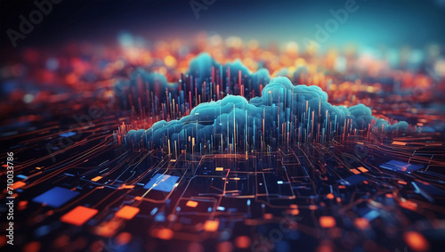 Cloud computing technology concept. Big Data processing. Futuristic cloud technology background illustration. Generative Ai