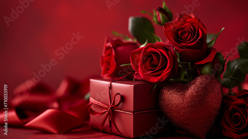 red roses and gift box   Valentine gift card