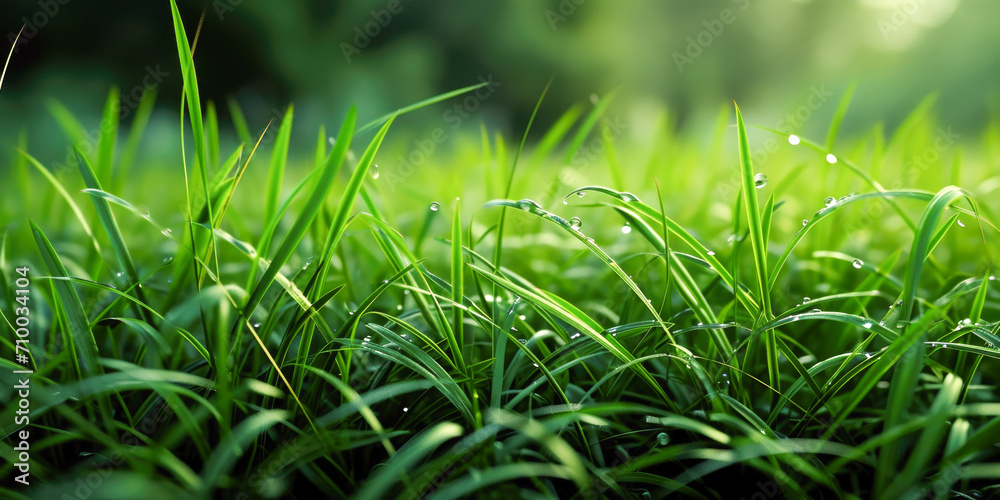 Obraz premium Dew-kissed Freshness: Close-up of Morning Dew on Vibrant Green Grass