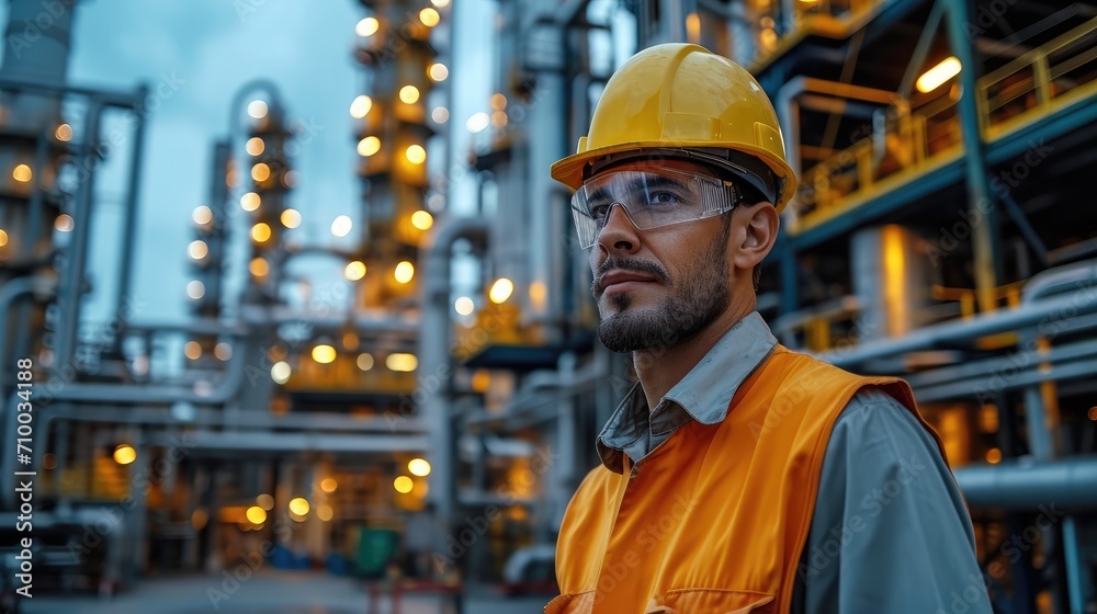 Petroleum oil refinery engineer worker in oil and gas industrial with personal safety equipment. Generative AI. Petroleum oil refinery engineer worker in oil and gas industrial with personal safety equipment. Generative AI.