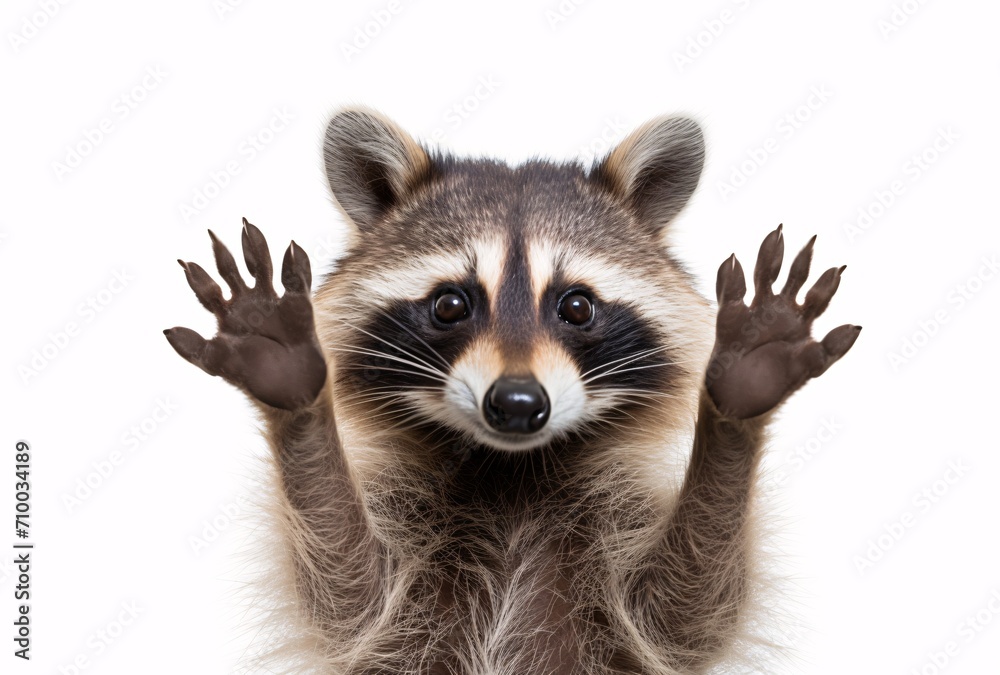 Obraz premium raccoon with two hands raised isolated on white, humorous tone