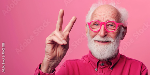 Joyful Senior Man with Pink Glasses Giving a Peace Sign