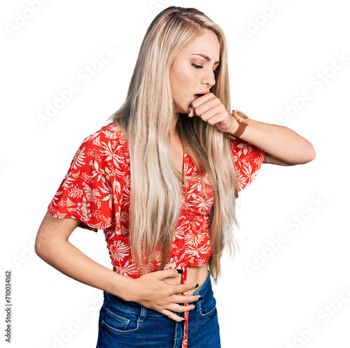 Beautiful young blonde woman wearing summer shirt feeling unwell and coughing as symptom for cold or bronchitis. health care concept.