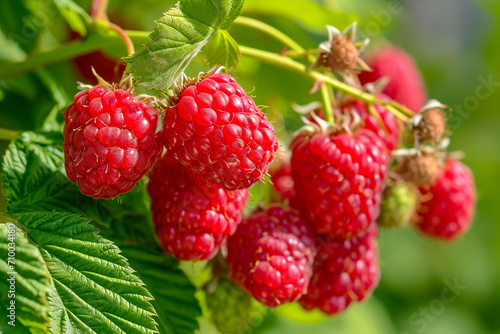 cluster of fresh raspberries, with a few still on the vine