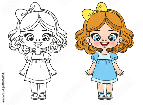 Cute cartoon girl in casual dress outline and color variation for coloring page