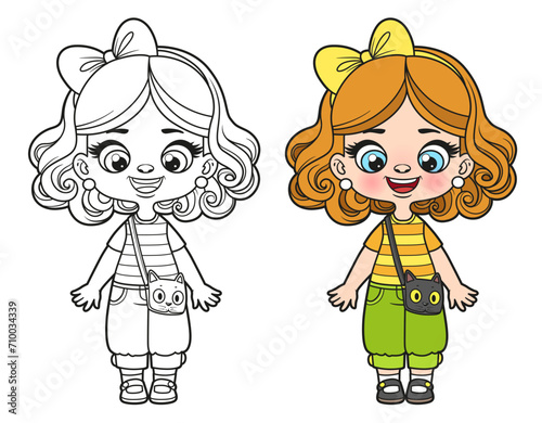 Cute cartoon girl with a cat bag outlined and color variation for coloring page