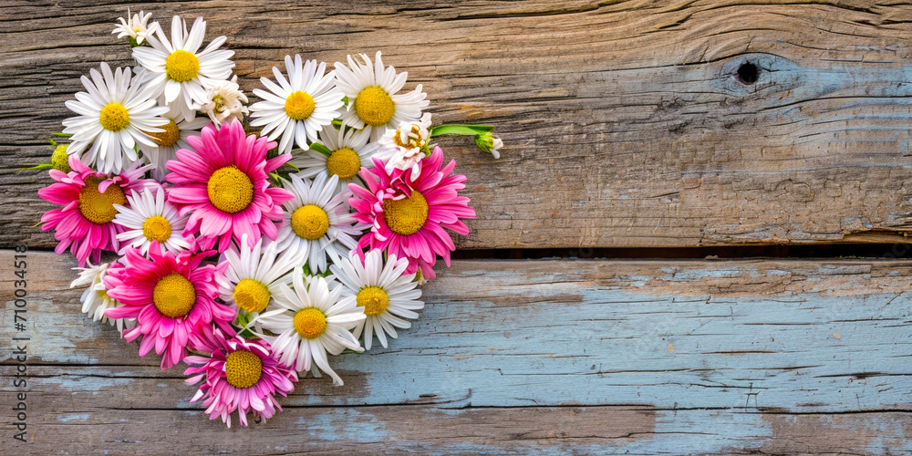 Obraz premium Heart-shaped Floral Arrangement on Rustic Wood