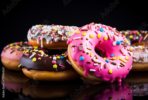 several colored decorated doughnuts lay on a pink background, dark brown and white