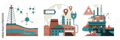 Fossil fuel set. Fossil resources extraction and its impact on climate change. Reliance on non-renewable energy sources. Earth raw materials depletion. Flat vector illustration