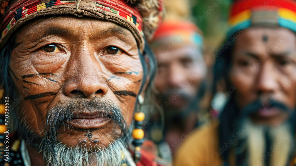 Portrait of an Indigenous Man with Traditional Face Paint and Attire Portrait of an Indigenous Man with Traditional Face Paint and Attire