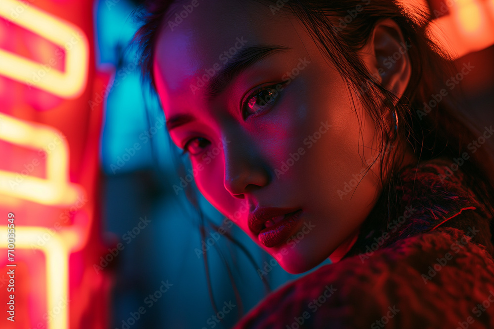 Close up portrait of beautiful young Asian girl looking at camera against neon lights background Close up portrait of beautiful young Asian girl looking at camera against neon lights background