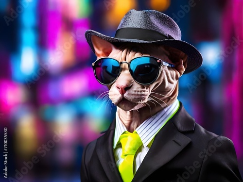 Macro shot of Sphynx cat wearing a business suit, sunglasses and a hat against neon background. Bokeh background