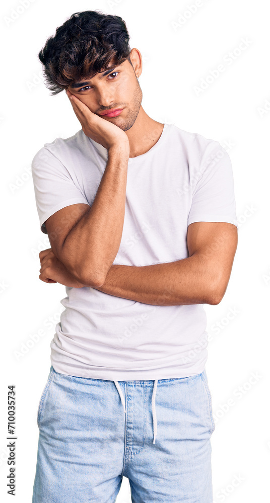 Young hispanic man wearing casual clothes thinking looking tired and bored with depression problems with crossed arms.