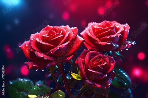 Closeup of Red roses with dew drops. Perfect for wallpaper or backdrop concept. Valentine s day concept February 14 