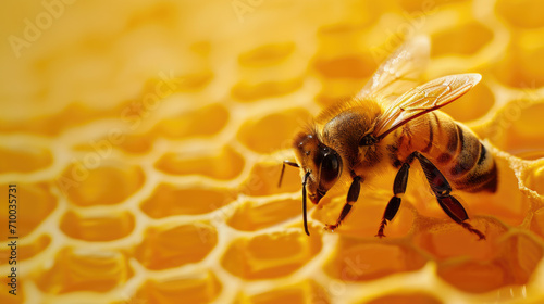 Close-up of Honeybee on Honeycomb