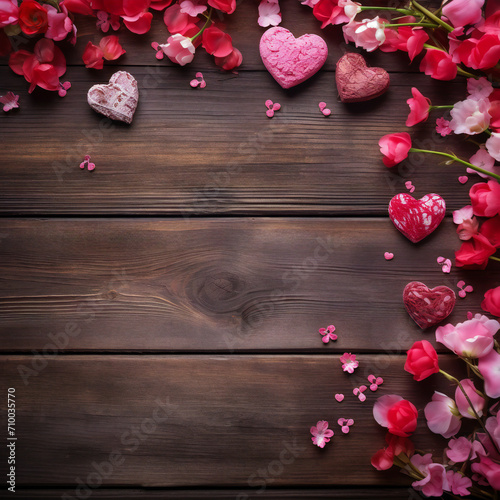 Red flowers with red hearts on old wooden background with place for text. Romantic Valentines holidays concept. Valentine's day greeting card. Copy space. Top view. Generative AI