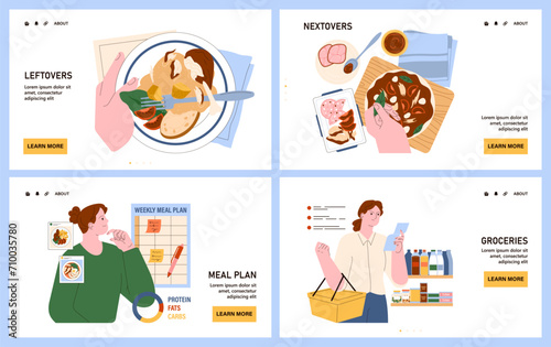 Leftovers web or landing set. Sustainable repurpose of nextovers to reduce food waste. Correct meal storage, freezing and canning. Meal plan development and conscious consumption. Flat vector