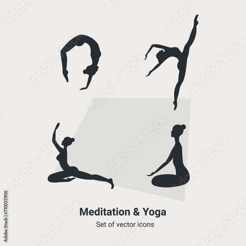 Silhouette of girls doing yoga. Modern minimalist style set icons for meditation and yoga services and for dancing. Healthy Lifestyle Related Icons. Vector Symbol Illustration. Yoga for a good balance