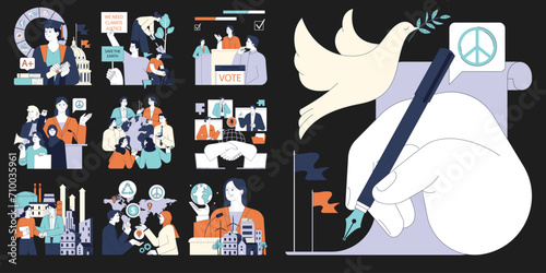 Political action dark or night mode set. Diverse people involved in economic growth, environmental activism, democracy and diplomacy building. Sustainable development. Flat vector illustration.