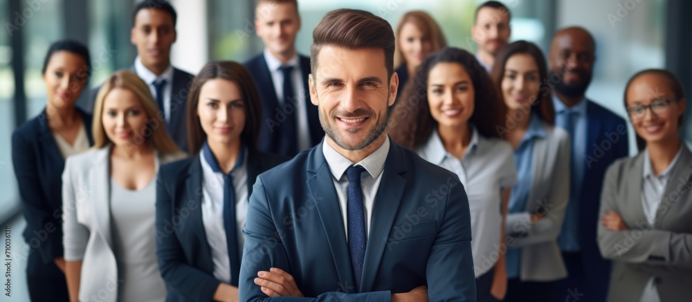 Confident business team, leader at forefront, looking at camera, smiles. Confident business team, leader at forefront, looking at camera, smiles.