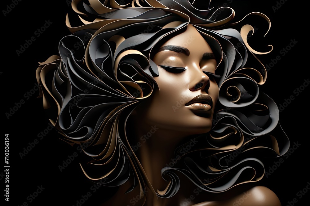 Surreal Portrait of Woman with Swirling Dark Hair