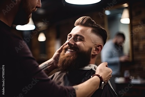 Smiling Bearded Man Enjoying Grooming at a Barber Shop