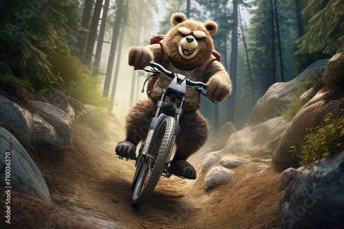 Cheerful bear biking through a forest trail.