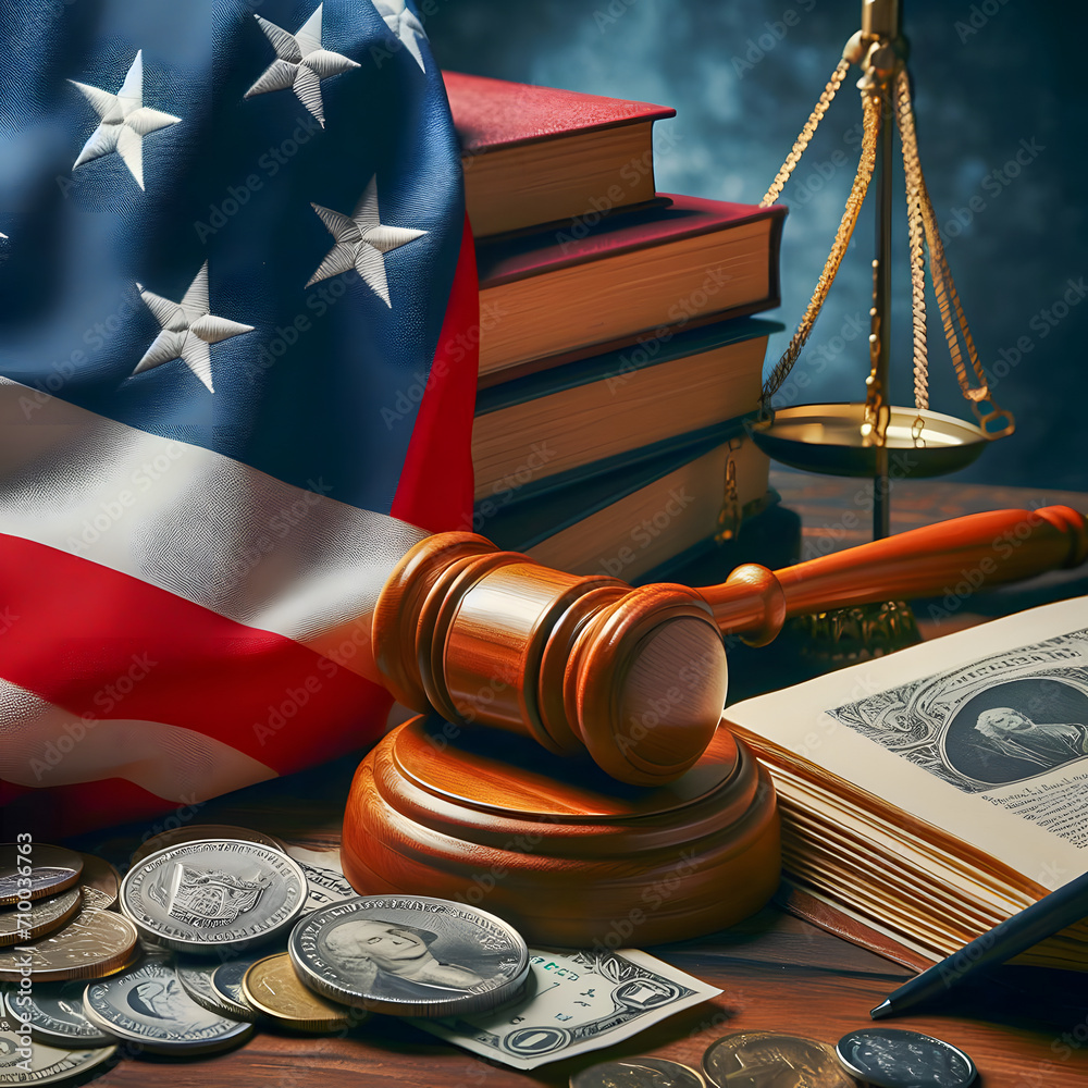 USA flag behind legal books, gavel, scales, and currency. American Legal System Concept