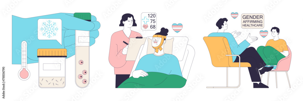 Gender transition process set. Gender-affirming therapy for transgender people. Gender dysphoria, coming out, hormone therapy and sex reassignment surgery. Flat vector illustration - obrazy, fototapety, plakaty 