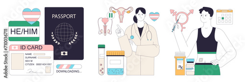Gender transition consequences set. Gender-affirming therapy, positive and negative experience. Transgender person mental health, legalization, infertility and discrimination. Flat vector illustration