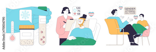 Gender transition process set. Gender-affirming therapy for transgender people. Gender dysphoria, coming out, hormone therapy and sex reassignment surgery. Flat vector illustration photo